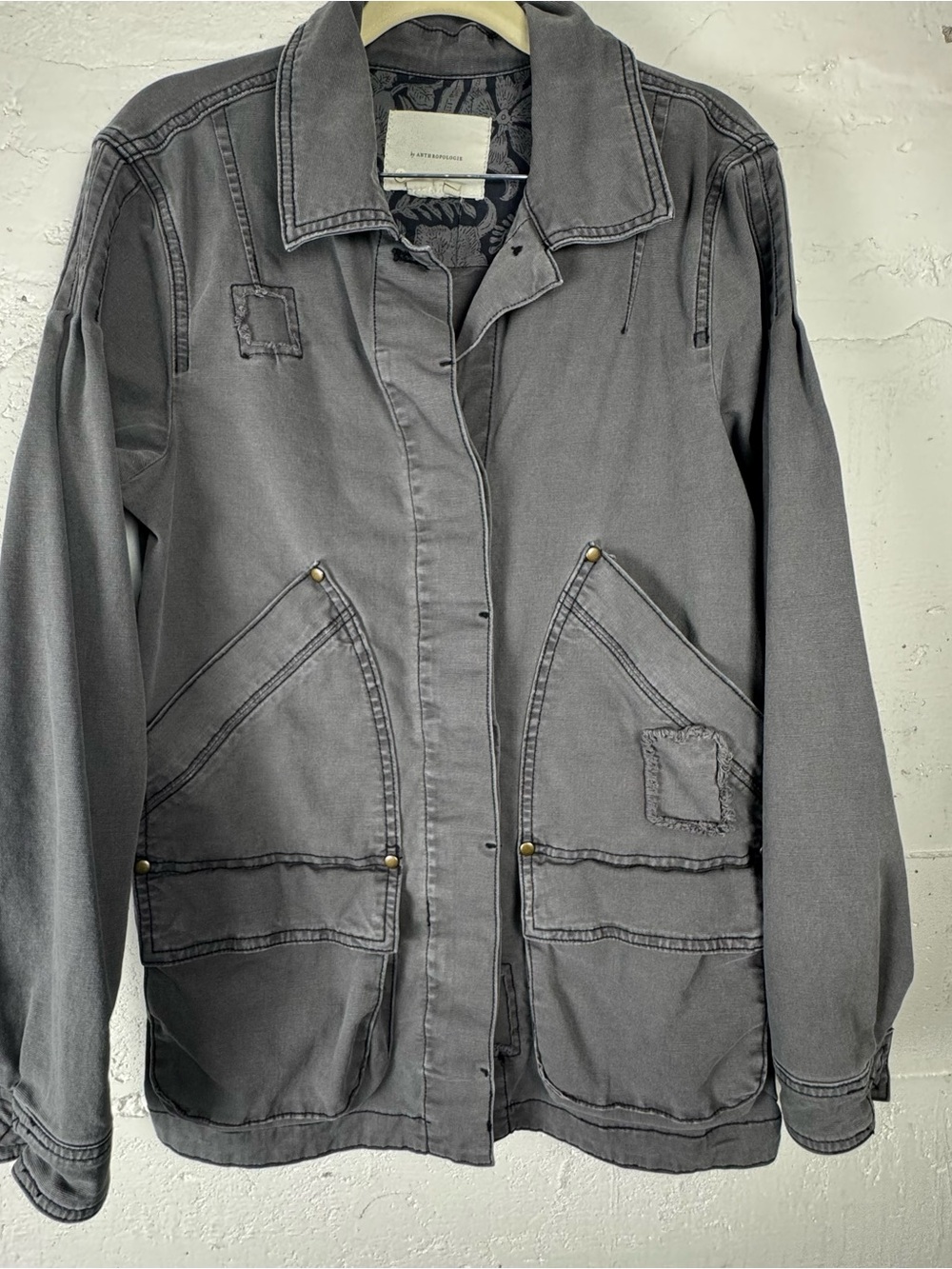 Anthropologie Chore Utility Jacket Military Trucker Button Collared Gray Small